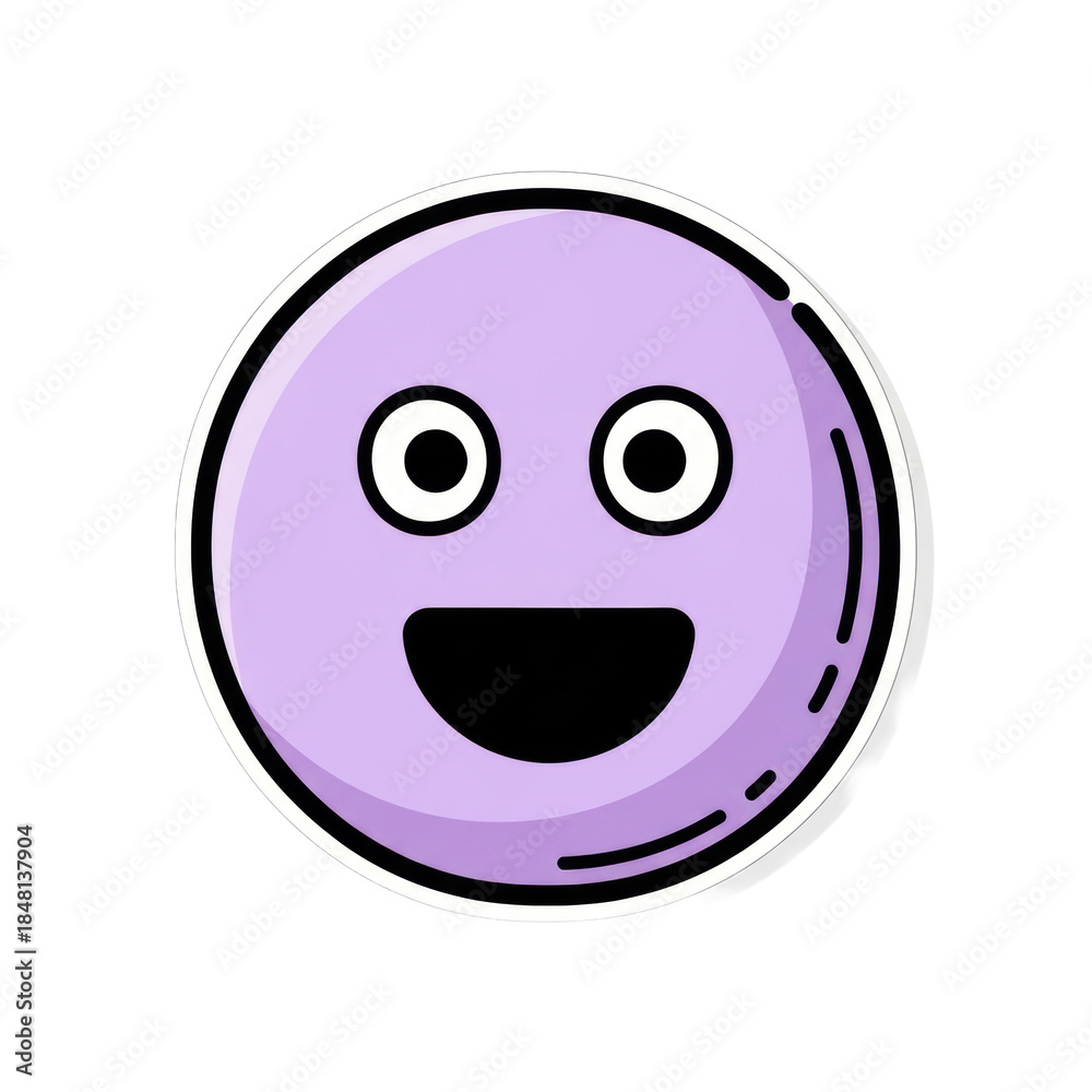 Fototapeta premium a cheerful, perfectly round sticker emoticon, rendered in soft pastel purple with a thick hand-drawn black doodle outline, simple wide grin, and large eyes, isolated on a transparent background.