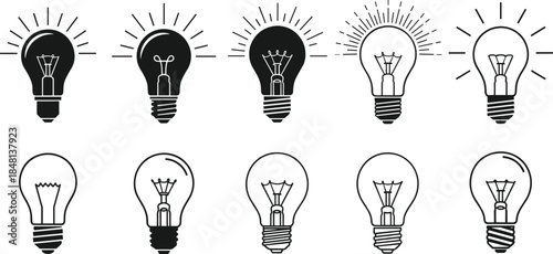 Light bulb, silhouette, black and white, illuminated, filament, base, icon, electricity, idea, innovation, sketch, design, graphic, 