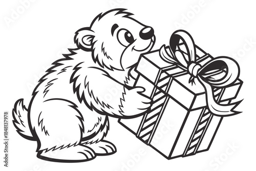 Monochrome cartoon bear happily hugs a striped present tied with ribbon bow against white