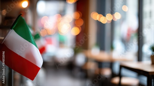 Italian flag waving in a restaurant interior