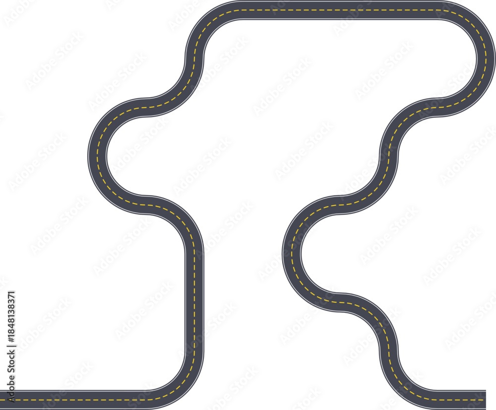 Fototapeta premium Top view highway design depicting an irregular squared wave routing with standard road markings.