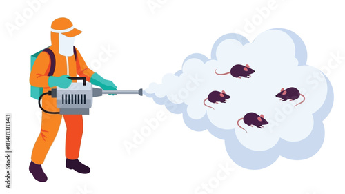 Pest control worker spraying insecticide to eliminate a swarm of rats
