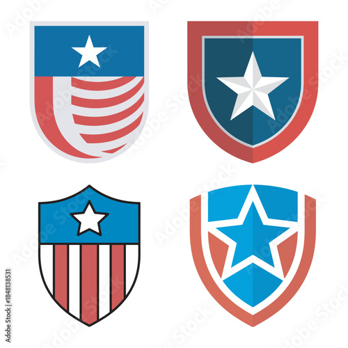 Four american flag inspired shield emblems with stars