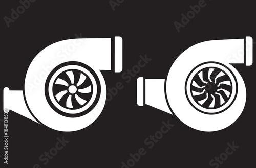 Stylized white silhouette icons of two different turbochargers against a solid black background