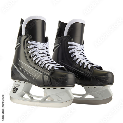 A pair of professional black ice hockey skates for sports equipment stores, team websites, and game day promotions. Transparent Background, Cutout 

