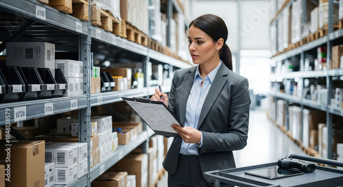 Professional woman inspecting inventory in a modern warehouse setting
