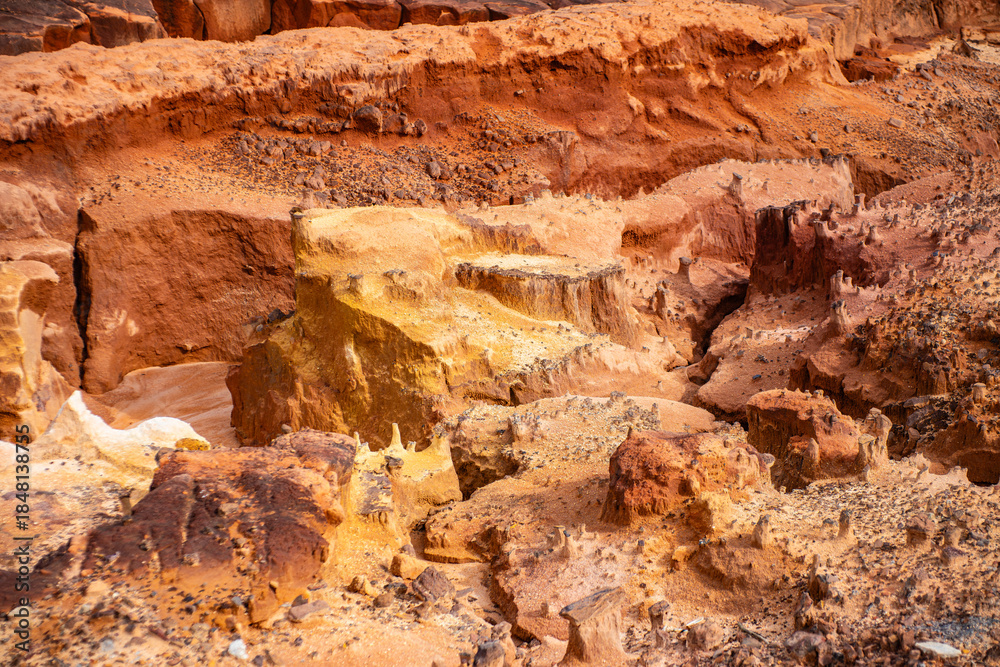 Fototapeta premium Close-up of Eroded Yellow and Red Sandstone Formations Caused by Water