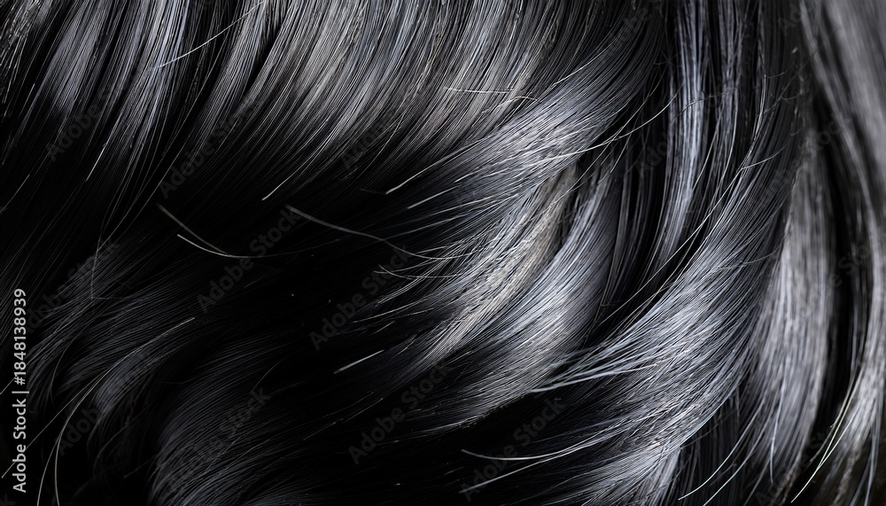 Naklejka premium an ultra close up of sleek glossy black hair with subtle light reflections showcasing the smooth well conditioned strands with a healthy shine and soft silky texture