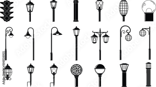 Street light, traffic light, silhouette, black and white, icon set, urban, lamp post, lantern, decorative, modern, vintage, 