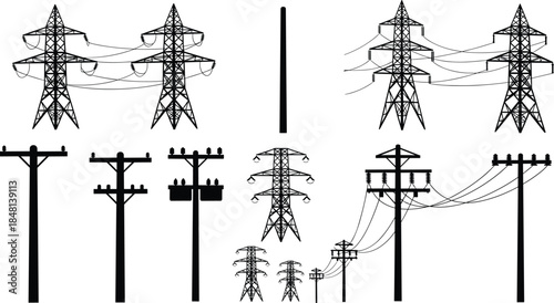 Transmission tower, utility pole, power lines, silhouette, black and white, infrastructure, electricity, insulator, transformer, lattice, wooden, sketch, technical, connected, 