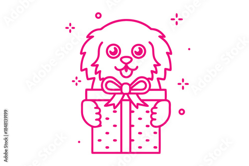 Outline dog is playfully holding a polka dot gift box with a bow on transparent background