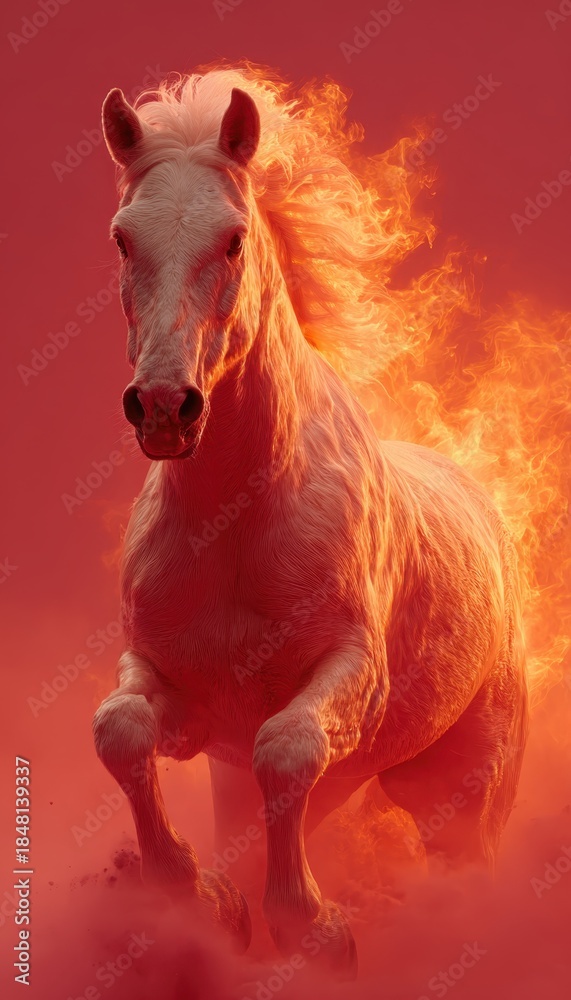 Fototapeta premium Majestic steed galloping through fiery skies, radiating power and grace. A visual ode to untamed spirit and raw beauty in motion.