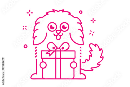 Pink outline drawing reveals cheerful dog proudly holding a gift box with transparent background