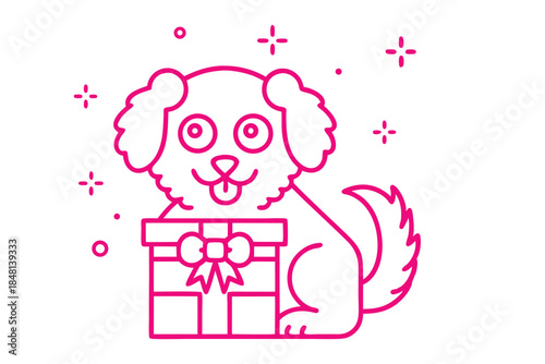 Pink line drawing shows a smiling dog posing with a gift box on white