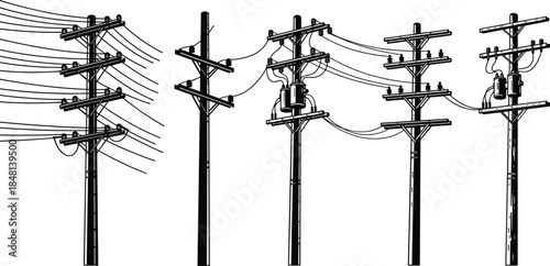 Utility pole, power lines, transformer, insulator, crossarm, silhouette, black and white, infrastructure, electricity, technical sketch, industrial, overhead, wiring, connected,