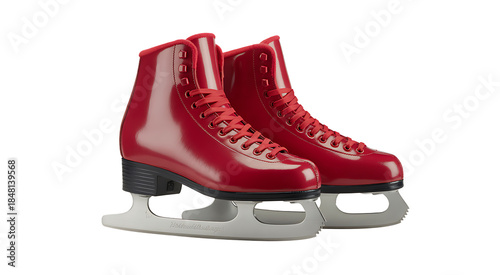 A pair of red ice skates on a png transparent. 
