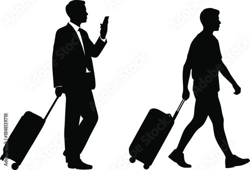 Silhouettes of two travelers walking with rolling suitcases, business and casual figures in simple clean flat vector illustration for travel concepts