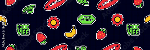 Pixel seamless pattern with sticker and badge in retro style. Background with y2k and 8bit shapes. Fun 8bit patches, fruits, positive quote pack.