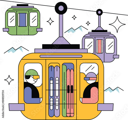 Ski gondola system, mountain cable transport, winter sports gear, alpine lift ride, scenic snow travel, flat vector illustration