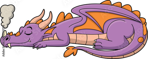 Foto Sleeping dragon cartoon, purple creature, peaceful pose, fantasy animal, whimsic