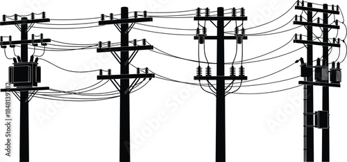 Utility pole, transformer, power lines, silhouette, black and white, infrastructure, electricity, technical sketch, insulator, crossarm, overhead, distribution, industrial, engineering, 