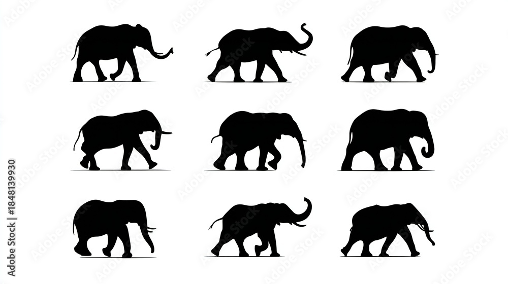 Obraz premium Elephant Silhouettes Walking Set Wildlife illustration 