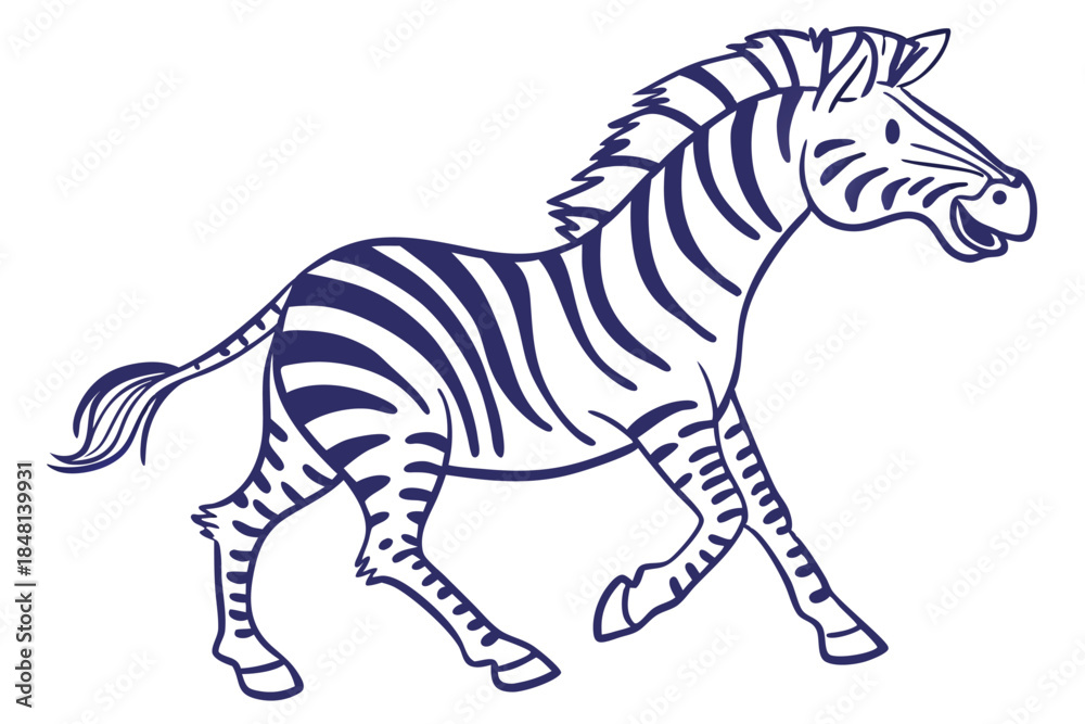 Fototapeta premium Outlined cartoon zebra playfully gallops with white stripes against a transparent backdrop