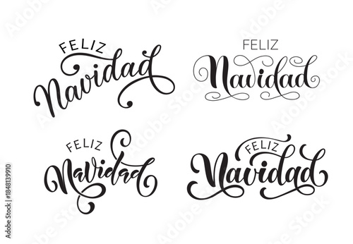 Feliz Navidad text meaning Merry Christmas in Spanish, hand drawn lettering. Modern brush calligraphy isolated on white background. Design for poster, greeting card, banner, print, invitation. Set of 