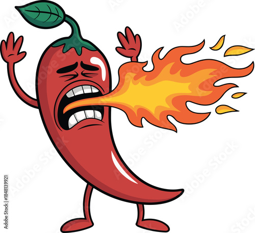 Spicy chili cartoon, fire breath, hot pepper character, expressive pose, humorous heat, food mascot, flat vector illustration