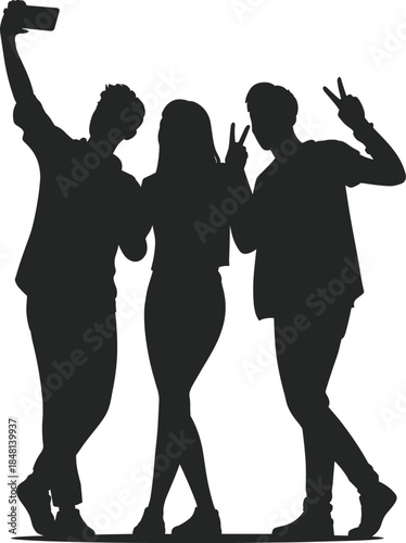 Silhouette of three friends posing for selfie together showing peace signs in casual style, flat vector illustration for modern social themes