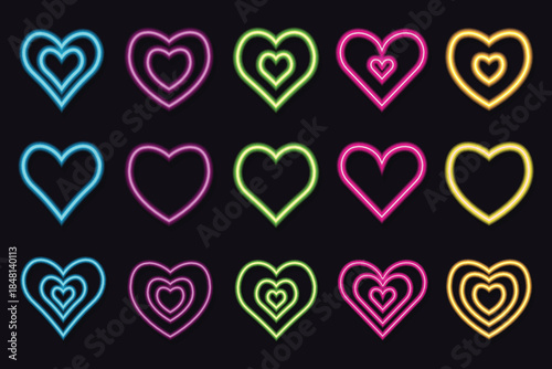 Set of colorful neon hearts glowing icons for Valentines Day and wedding design.
