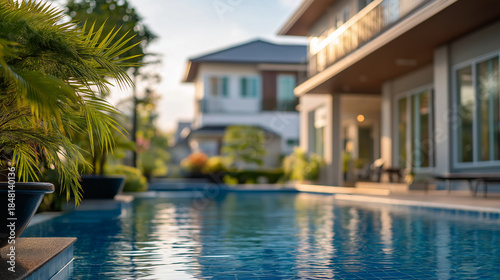 Wallpaper Mural Villa with swimming pool exterior heavily defocused background luxury residential architecture beautiful house design visualization real estate photography setup with copy spa Torontodigital.ca