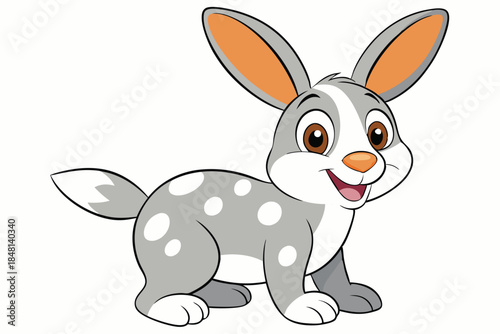Smiling grey cartoon rabbit with white spots is standing happily against a transparent background