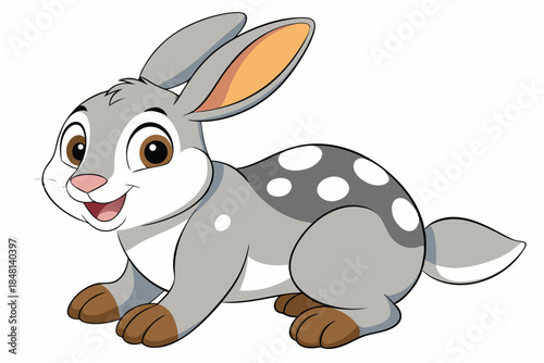 Happy cartoon rabbit with gray fur and white spots smiles brightly on white