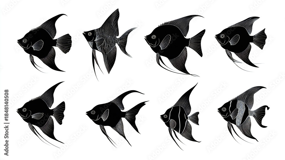 Fototapeta premium Black and white angelfish swimming isolated on white background minimalist aquatic pet art illustration 