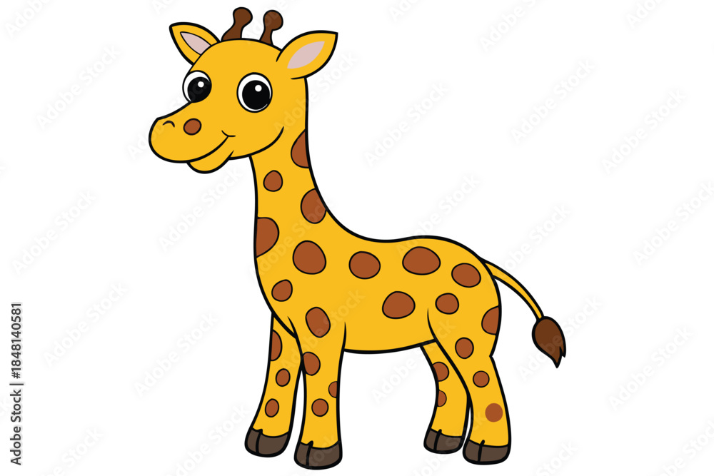 Obraz premium Smiling cartoon giraffe with brown spots stands isolated on a transparent background