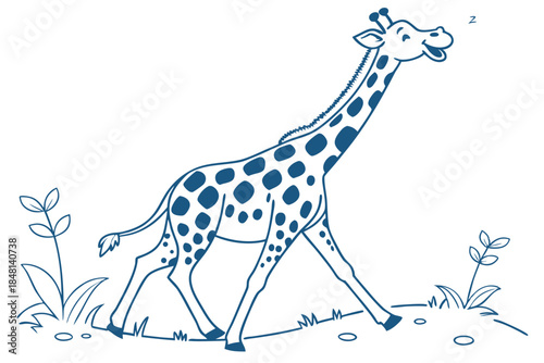 Sleeping giraffe with spots calmly walks through a grassy field outlined in blue