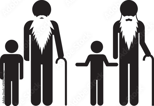 A black and white icon illustration of an elderly man with a long beard and a young child