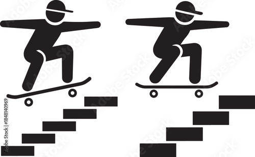 Black icon of a skateboarder performing a trick while riding down a set of stairs
