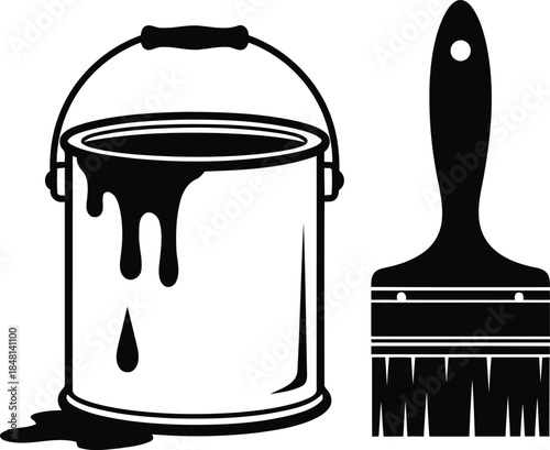 Black paint can with dripping paint and paintbrush