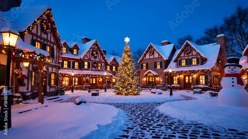 Wallpaper Mural Christmas village snow dusk an enchanting winter evening scene of a quaint European-style town square with a brightly lit Christmas tree and snowman under a deep blue sky Torontodigital.ca