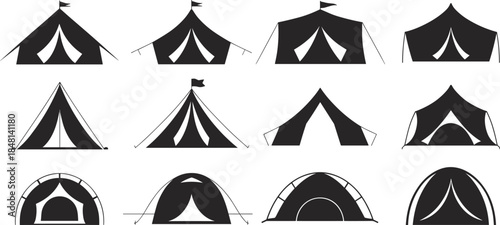 Tent silhouette collection, camping shelter icons, outdoor gear vector set, black tent shapes, travel graphic, flat vector illustration
