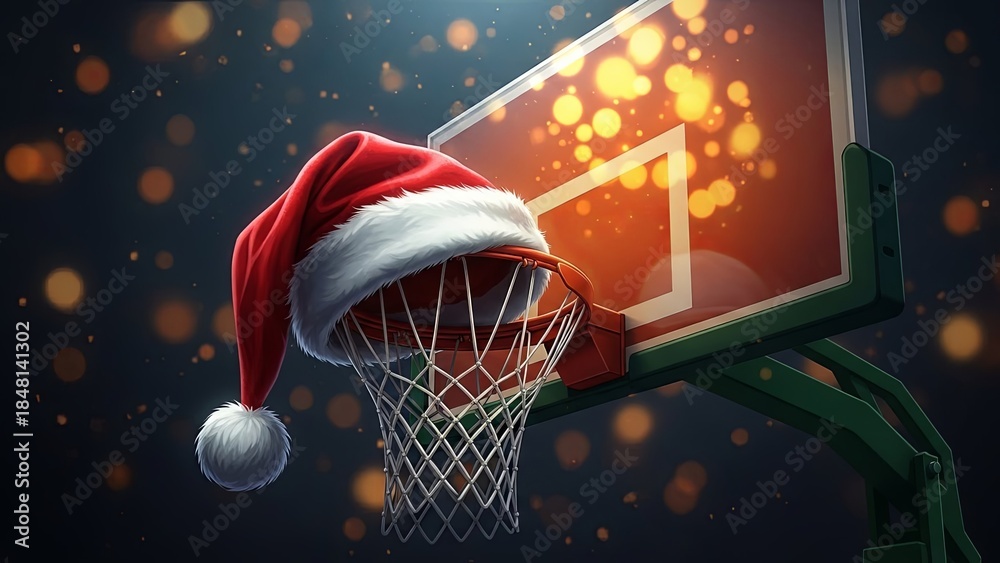 Fototapeta premium Santa hat on basketball hoop with festive lights. Christmas sports holiday theme for greeting card and seasonal advertisement.