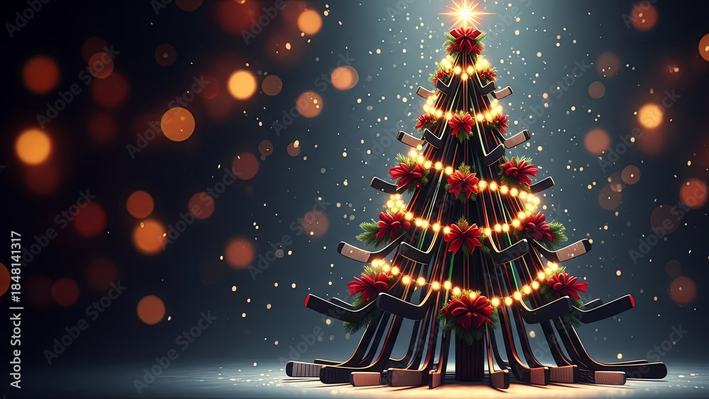 Obraz premium Christmas tree made of hockey stick with lights and bows. Holiday season, sports, winter spirit, festive decoration for greeting card.
