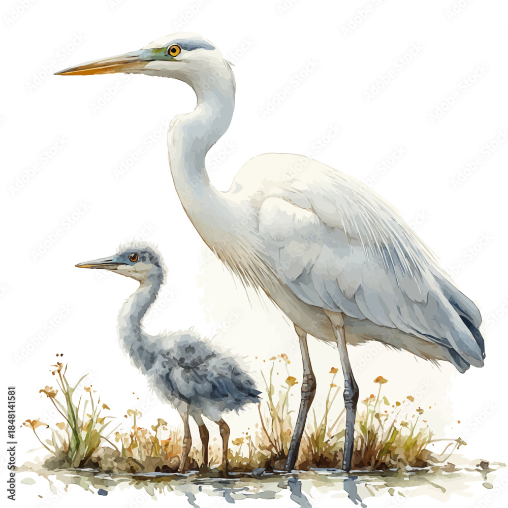Fototapeta premium A Mother Heron With Her Kid, watercolor drawing vector, isolated on a white background.