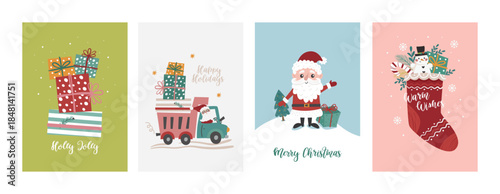 Vector set of Christmas cards with Santa in a truck, boxes with gifts and a Christmas sock.