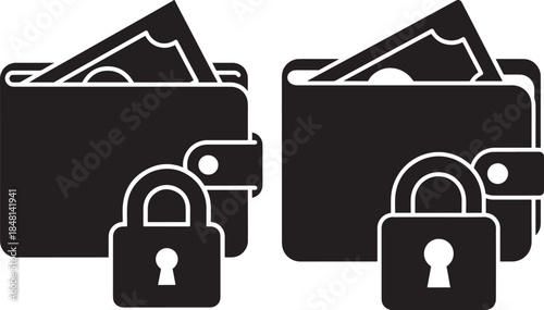 Black and white secure wallet icon with padlock for financial protection