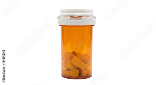 Amber prescription pill bottle with childresistant cap and yellow capsules inside, isolated on transparent background