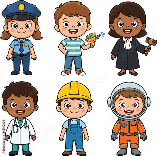 Cartoon children in career outfits, police doctor astronaut judge builder toy designer, professional role play set - flat vector illustration