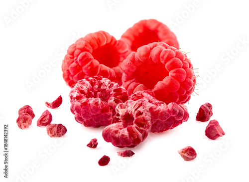  Freeze- dried  Raspberries  Isolated on White Background. Ripe berries isolated.